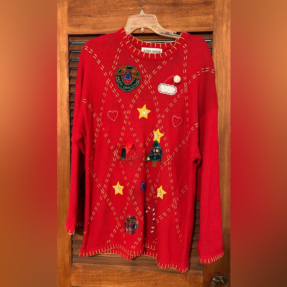 VINTAGE UGLY CHRISTMAS SWEATER  w Sequins, Stitching, & Bows 🎄🎅🏾 Size XL